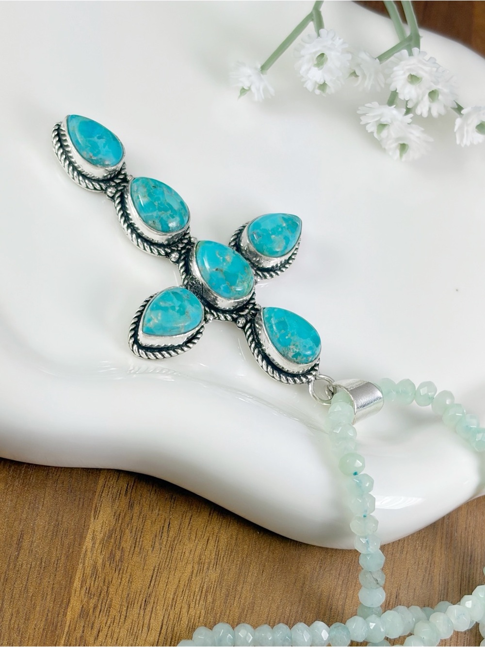XL Mohave Turquoise Cross Pendant Jade Necklace Sterling Silver 925 Overlay New - Picture 4 of 12